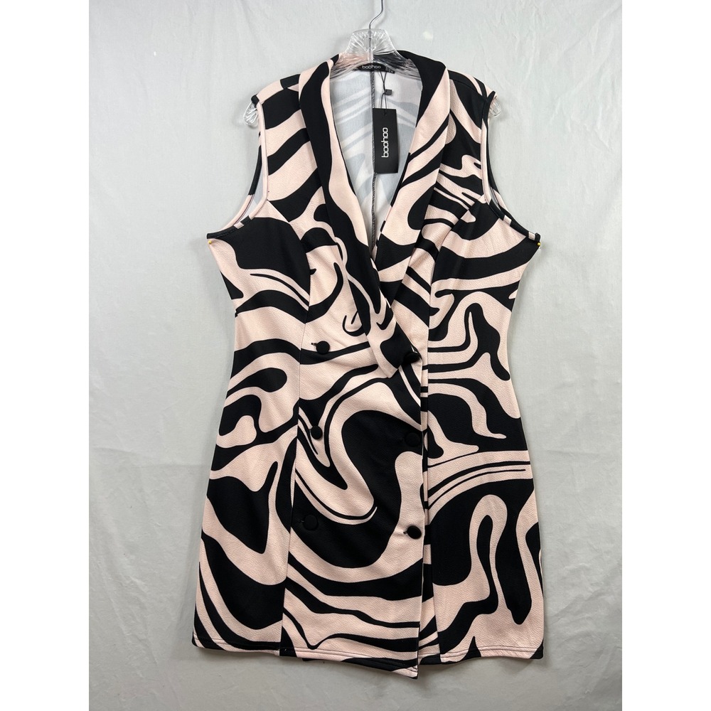 Boohoo Blazer Dress Women 14 Pink Black Abstract Swirl Marble Sleeveless Mini